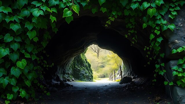oligarchy. Entrance to an underground cave framed by green vines, dark interior contrasting with bright spring landscape. travel magazines.