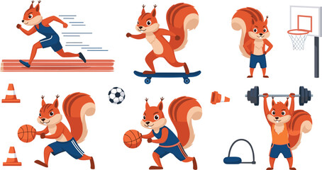 Cute Cartoon Squirrel Athlete Set Playing Basketball, Running, Skateboarding and Weightlifting Funny Animal Sports Character Vector Illustration © Minara