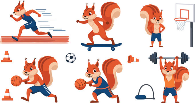 Cute Cartoon Squirrel Athlete Set Playing Basketball, Running, Skateboarding and Weightlifting Funny Animal Sports Character Vector Illustration