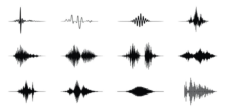 Visual representation of sound waves an array of audio signals, digital audio waveform display showing sound frequency amplitude and signal patterns for music and sound engineering