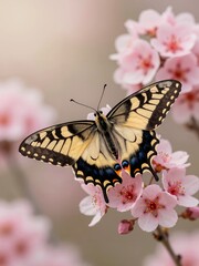 Beautiful Swallowtail Butterfly on Blossoming Pink Flowers with Natural Soft Bokeh Background
