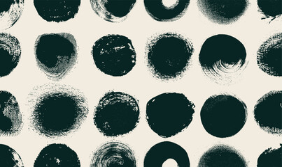 Circle grunge seamless pattern stamps and seals set with hand drawn rough round shapes. Sun symbols, brush stroke circles and dots inspired by Japanese and Chinese calligraphy. Vector elements pattern