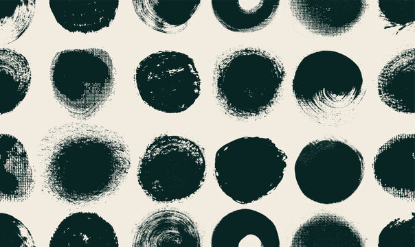 Circle grunge seamless pattern stamps and seals set with hand drawn rough round shapes. Sun symbols, brush stroke circles and dots inspired by Japanese and Chinese calligraphy. Vector elements pattern