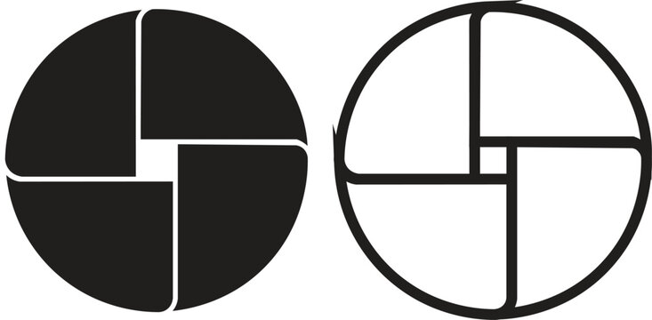 Two abstract circular geometric designs, one solid black and one outline, both featuring four curved quadrants converging to a central square.