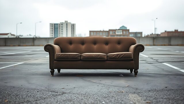 flagrant. A worn-out sofa on an empty urban lot, overcast daylight. real-estate listings, architecture portfolios, designed for interior renovation comparisons for interiors.