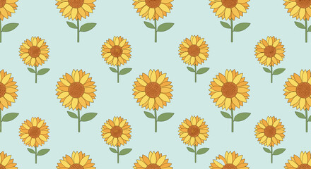 Repeating floral pattern with sunflowers on a soft pale blue summer background, concept of bright seasonal design