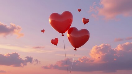Fototapeta premium Floating Red Heart-Shaped Balloons in a Colorful Sunset Sky