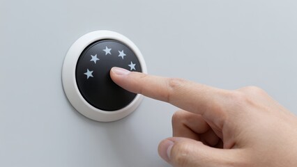 Fototapeta premium Hand Pressing a Circular Button with Star Icons on a Minimalist White Background, Close-up Finger Action