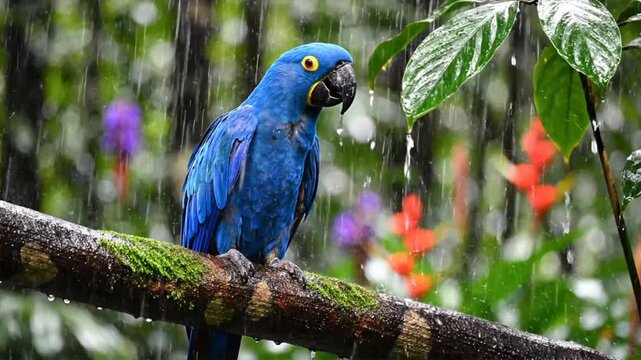 Blue Parrot Sitting on Branch Rain.