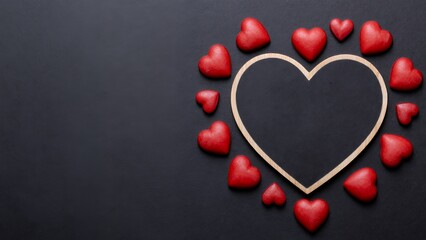 Fototapeta premium Heart Symbol in Outline Form Surrounded by Small Red Hearts on Dark Background, Love and Affection Concept
