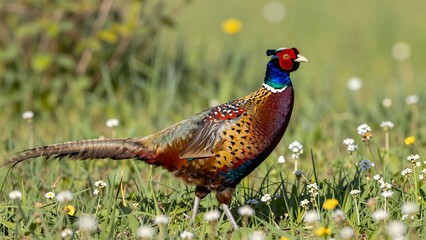 Male Pheasant Standing in a Grassy Field with Wildflowers and Natural Greenery