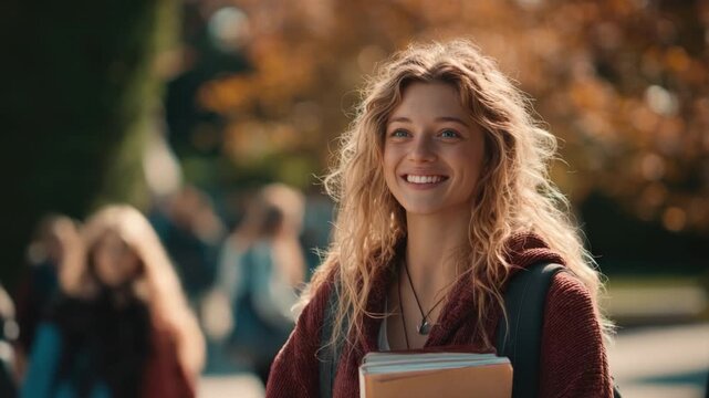 Smiling student in campus: A radiant student smiles warmly, holding notes and a backpack while walking along a busy campus path, enveloped in the soft hues of a sunny day.
