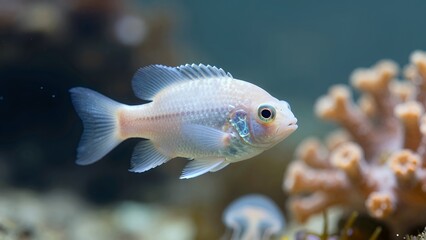 Obraz premium Small White Fish with Blue Fins Swimming in Aquarium with Coral in Background