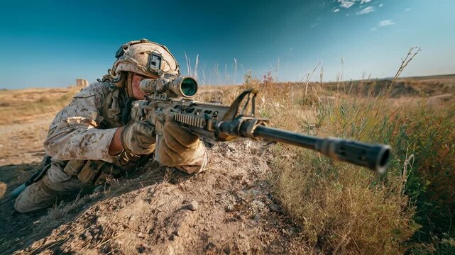 Sniper lying prone on hillside aiming precision rifle across open battlefield capturing patience concentration and tactical awareness