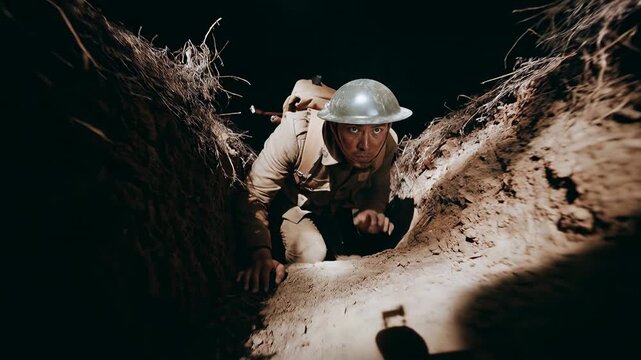 Infantry soldier climbing from dark trench passage representing resilience courage and relentless determination in brutal battlefield conditions