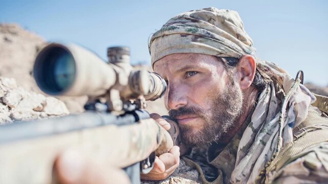 Focused sniper aiming rifle across rocky terrain capturing patience tactical awareness and precision during military operation