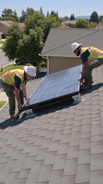 Workers installing solar panels on residential roof, vertical footage