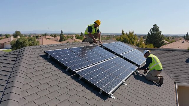 Technicians in safety vests installing solar panels on a residential rooftop under clear skies