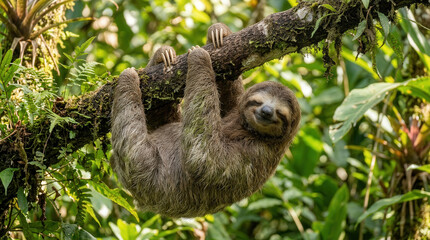 Fototapeta premium Relaxed Sloth Hanging from Tree Branch in Lush Tropical Forest