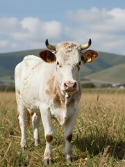 White Cow with Horns Standing in a Grassy Field under a Blue Sky with Hills in the Background