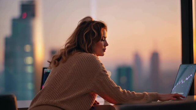 A confident investor evaluates investment strategies on a laptop at a sleek modern desk with a panoramic city skyline providing an inspiring backdrop for financial decision-making.