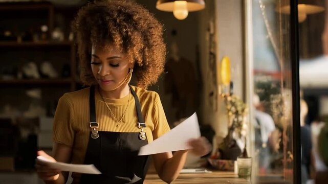 A dedicated business owner examines scattered paperwork and a checking account statement at a small shop counter showcasing focus and determination in managing their finances.