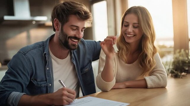 A young couple joyfully signs mortgage documents at their kitchen table with house keys nearby capturing the excitement of homeownership and new beginnings in a warm inviting setting.