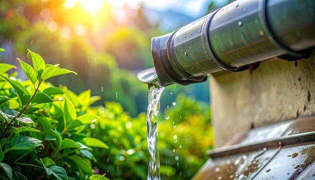 Water flows from a gutter pipe into a downspout
