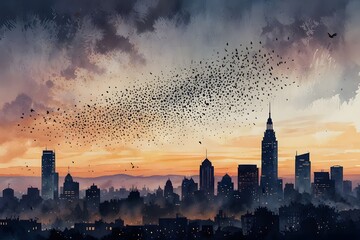 Naklejka premium Murmuration over a city skyline at twilight