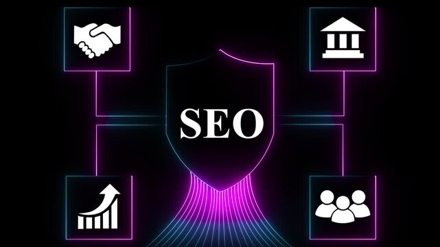 Glowing neon SEO and online presence concept on the transparent background. Focusing on web development and top search engine performance. Motion graphics of Search Engine Optimization idea.4k