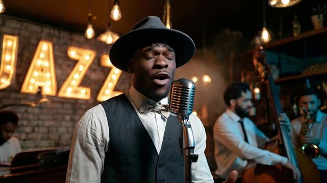 Stylish male jazz vocalist singing into vintage microphone in cozy brick club with glowing jazz sign and live band creating warm atmospheric nightclub performance scene