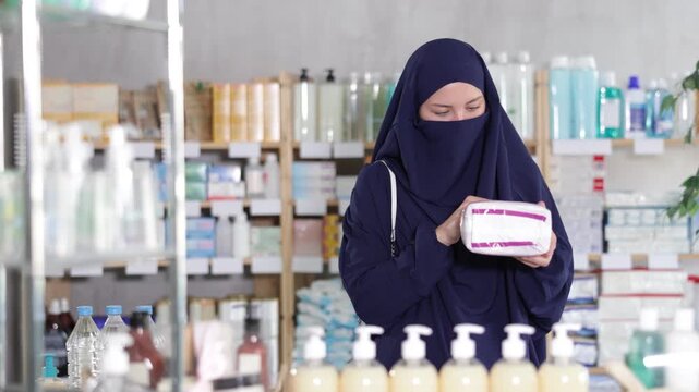 Young Muslim woman wearing navy blue niqab(khimar) standing in health store, holding pack of sanitary pads, choosing comfortable and reliable product