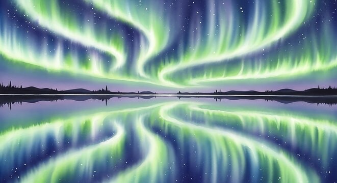 Spectacular Aurora Borealis Display Over Reflective Lake at Night.