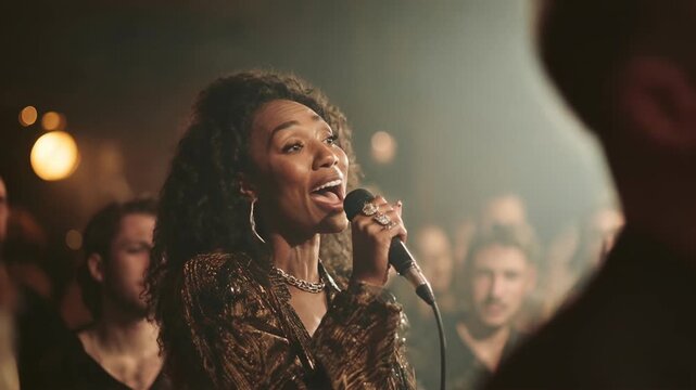 Female jazz vocalist singing joyful live performance surrounded by audience and glowing stage lights creating vibrant nightclub atmosphere during an intimate live performance