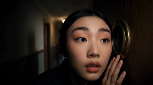 Asian woman wearing headphones reacts.