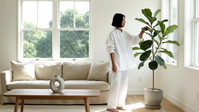 Woman in White Outfit Walking Into Living Room and Touching Fiddle Leaf Fig Plant