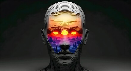 Abstract digital visualization of a human form crafted from modular blocks, revealing a vivid inner landscape with glowing eyes, symbolizing profound thought, consciousness, and internal perception