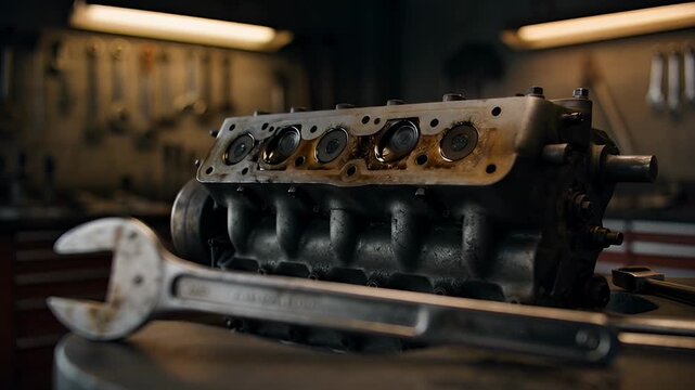 Wrench and engine block closeup.