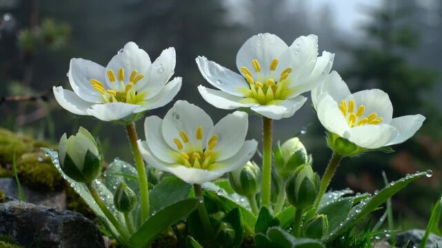 Imbolc. Timelapse of white flowers blooming in misty forest with dewdrenched greenery