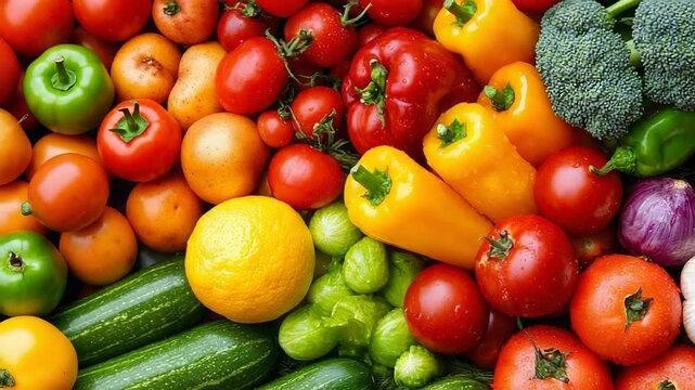 Vibrant fresh vegetables display in motion: broccoli, peppers, tomatoes, garlic, and zucchinis arrangement
