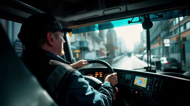 A truck driver attentively monitors a GPS navigation screen while driving through a vibrant cityscape surrounded by urban buildings and bustling streets ensuring timely deliveries.