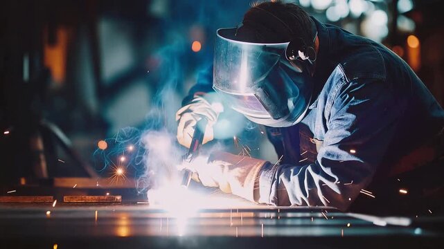 A welder in a dark industrial workshop expertly fabricates a steel pipe bright sparks flying as they wear a protective face shield showcasing the intensity and skill of metalworking.
