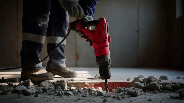 A construction worker uses a hammer drill to break concrete on a dimly lit job site focusing on repairs while dust and debris fill the air showcasing the intensity of renovation work.