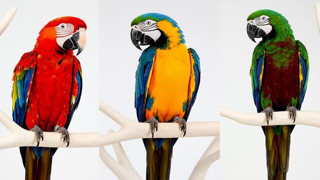 Three Colorful Macaw Parrots Perched on a Branch Against a White Background