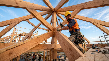 Naklejka premium Skilled Construction Worker Assembling Wooden Framework on Building Site