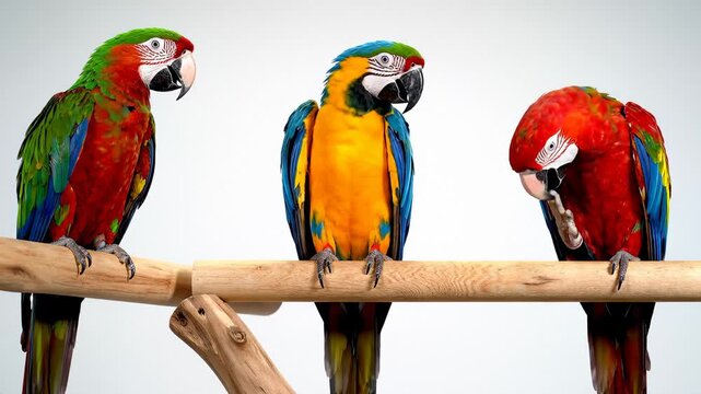 Three Colorful Macaw Parrots Perched on a Wooden Branch Against a White Background