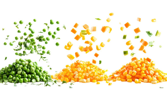 Three Vibrant Piles of Green Peas Carrots and Sweet Corn on transparent background
