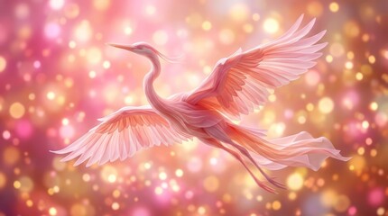Fototapeta premium Elegant Pink Crane in Flight Crane Bird Pink Soaring Bokeh Artistic Nature. Concept featuring crane, bird, pink, soaring, bokeh for professional commercial design.