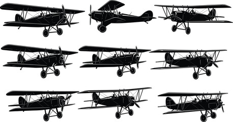 Set of vintage biplane silhouettes from various angles featuring classic propeller aircraft designs for retro aviation and historical flight projects © Sreemoti