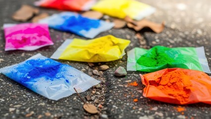 Obraz premium Close-up of torn colored powder packets on a gray asphalt surface with scattered debris.